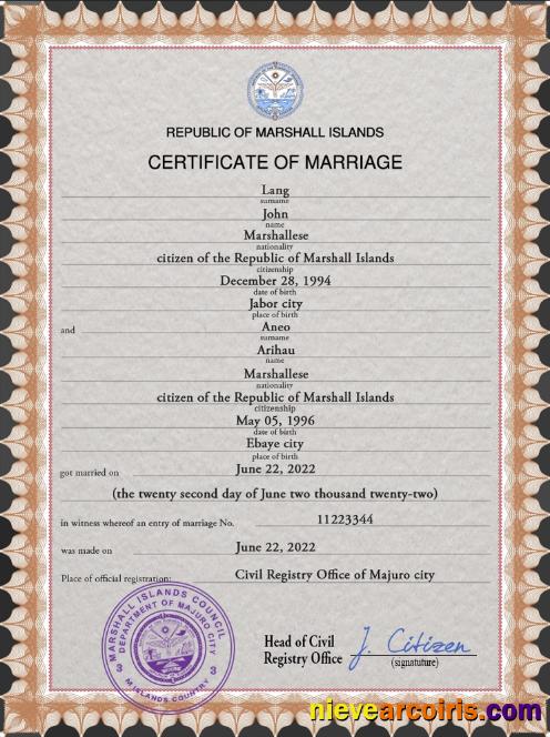 Marshall Islands marriage certificate
